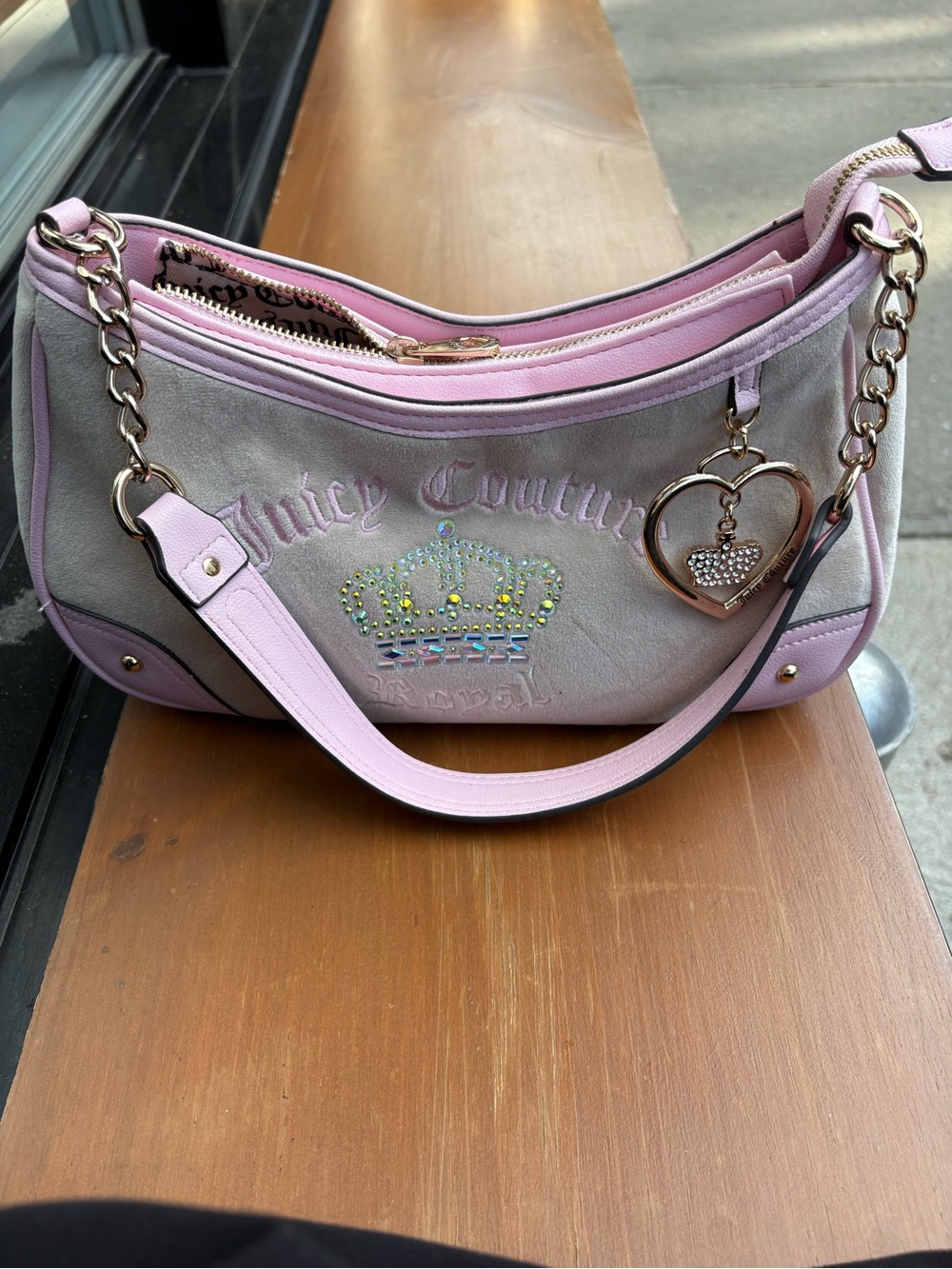 Juicy Couture Pink and Gray Rhinestone Crown Shoulder Bag